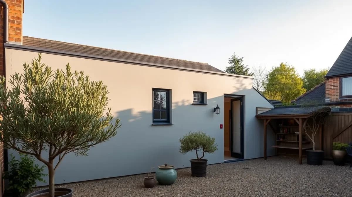 Grey rendered garden annexe beside a gravel courtyard