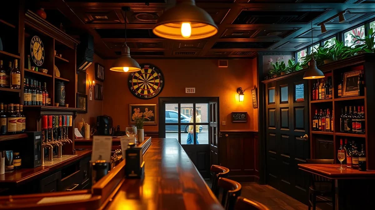 Garden pub room interior with dark wood bar and brass taps