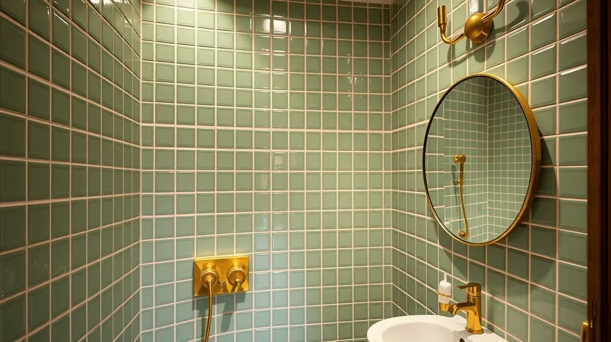 Stylish shower room with sage tiles inside a garden building