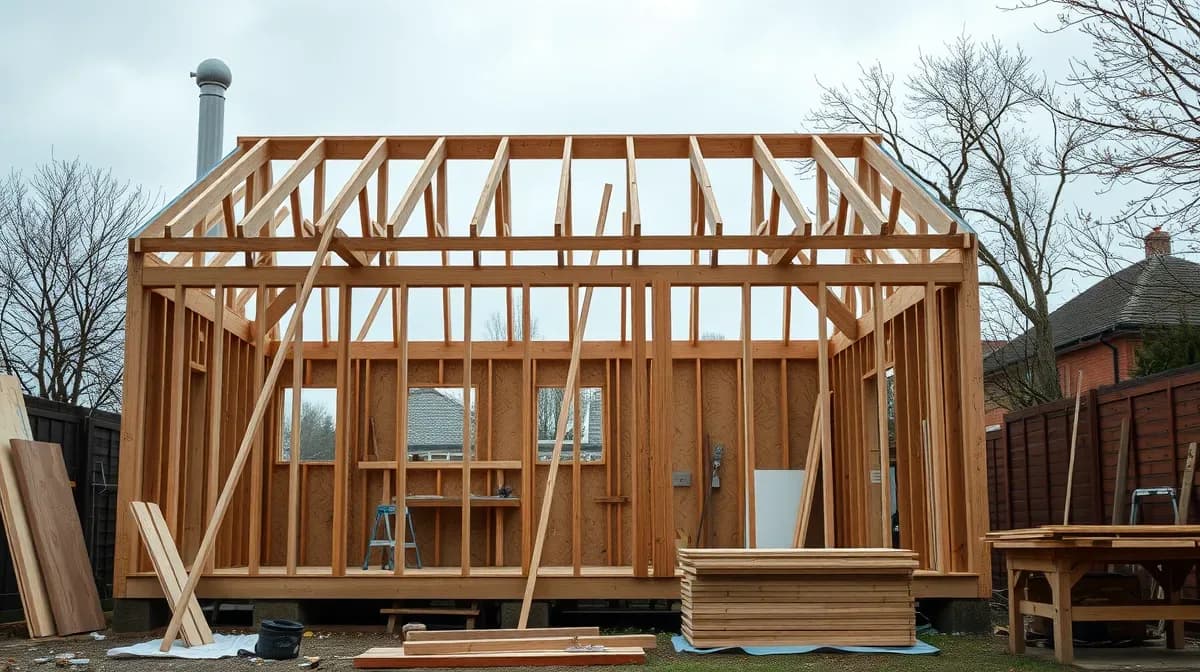 Timber framework of a garden room under construction