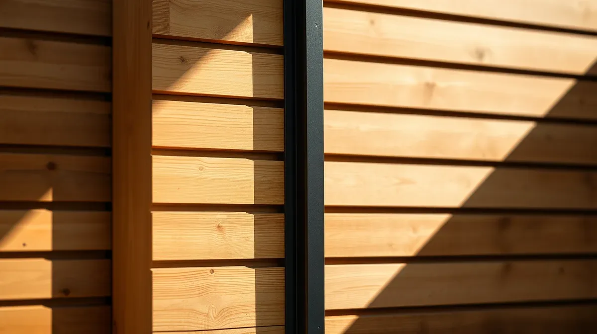 Cedar slat cladding detail meeting a black window frame