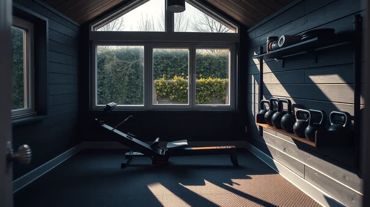 Home gym interior in a garden building with rowing machine