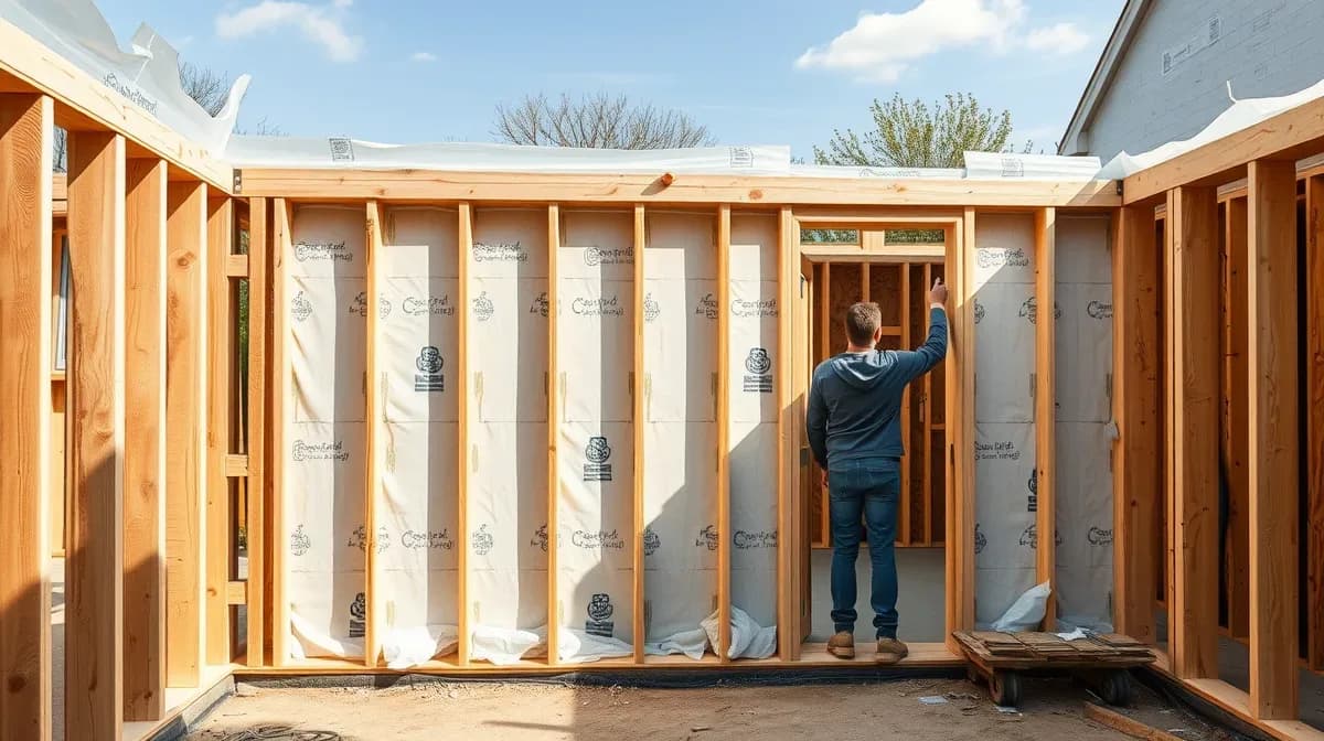 Insulation boards fitted into a garden room wall frame