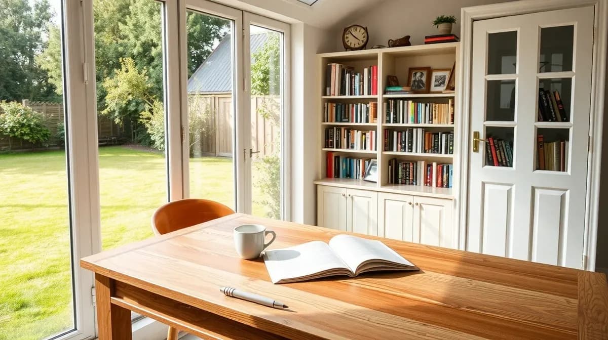 Garden office interior with oak desk and full-height glazing