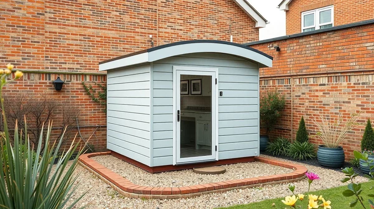 Compact grey garden office pod in a town garden