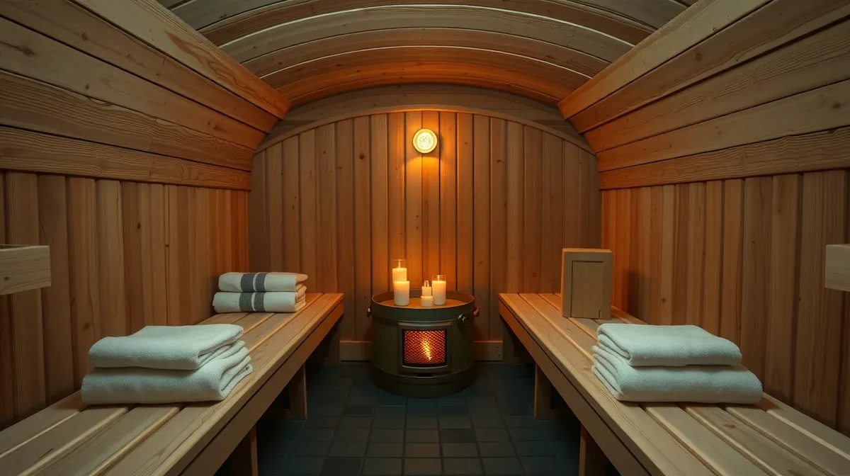 Barrel sauna interior with spruce benches and glowing heater