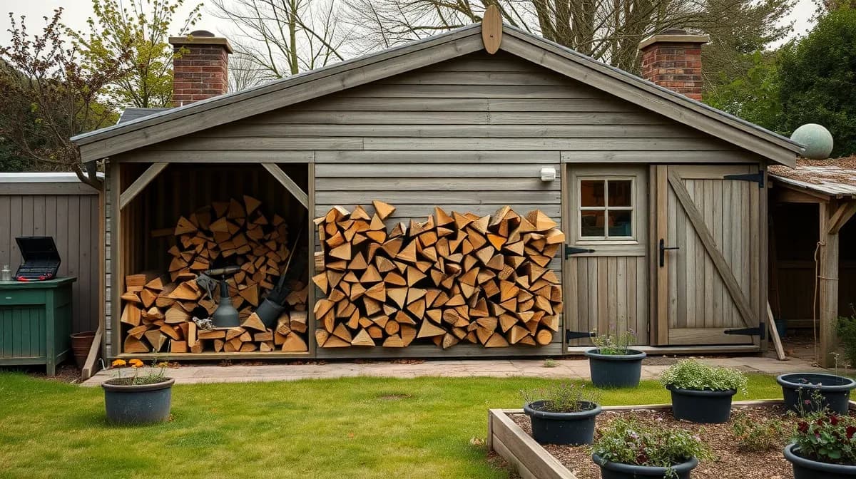Garden building with log store and tool bay